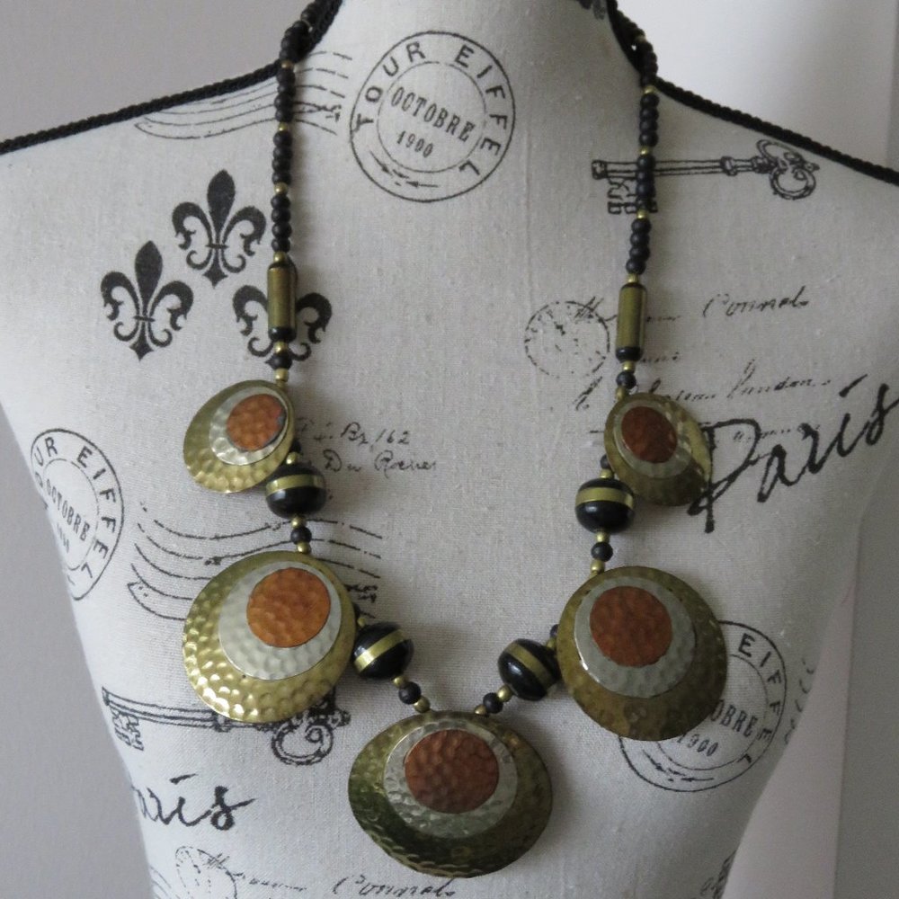 Vintage Bronze Copper & Silver Hammered Chunky Beaded Necklace